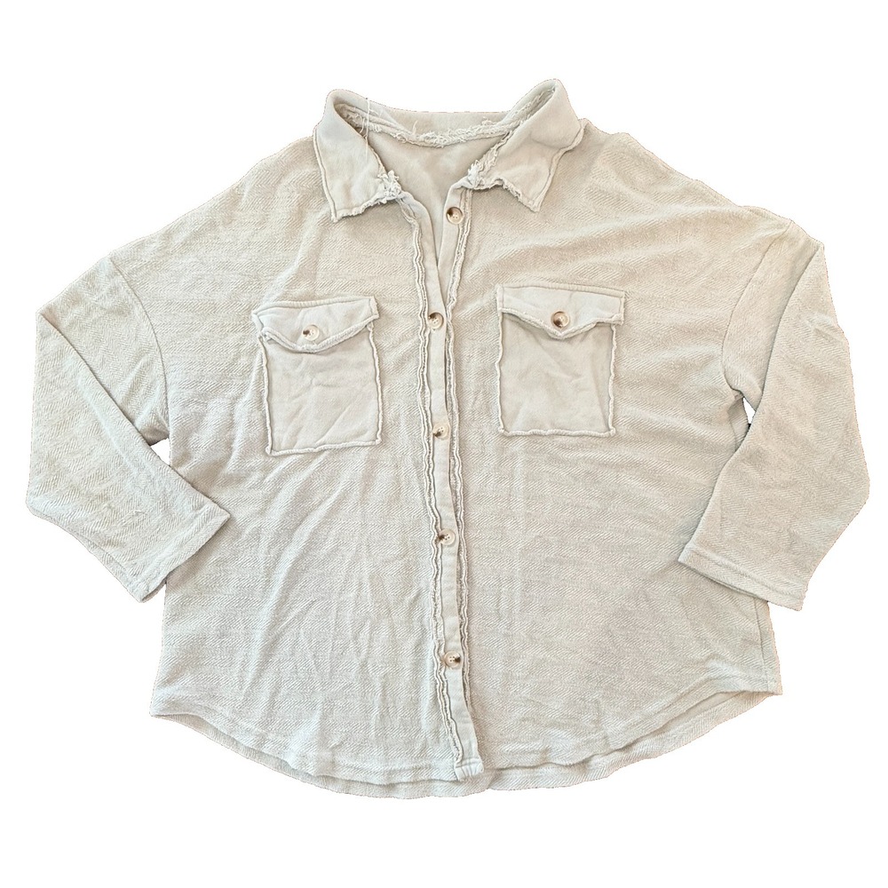 Womens 2X Button Shirt Cream Raw Edge‎ Shacket Casual Overshirt
